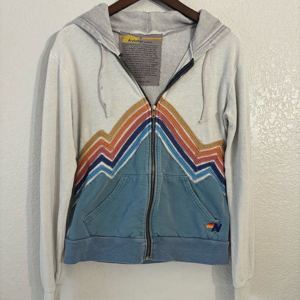 Rare Aviator Nation Blue and Gray Zig Zag Zip Up Hoodie Small